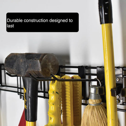 Heavy Duty Garage Wall Organizer Rack With 48 Inch Steel Beam And Rock Solid 280 Lb Load Capacity Featuring Eighteen Versatile Storage Hooks For A No Sweat Diy Install That Keeps Your Shop Organized, showing a hammer and tools mounted securely.