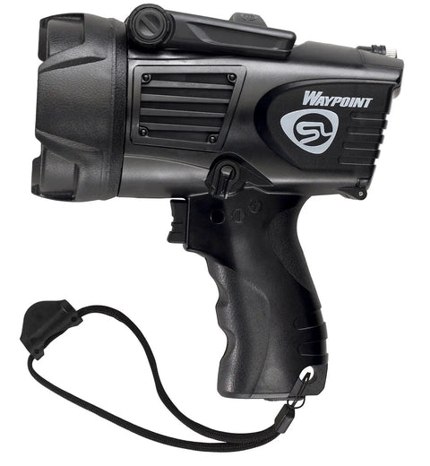 Waypoint 550 Lumen LED Pistol Grip Spotlight With 12V DC Power Cord Three Modes High Low Emergency Signal Long Range Beam Up To 625 Meters Built Tough For Home, Trail, Vehicle Use And Night Work, black rugged design with strap