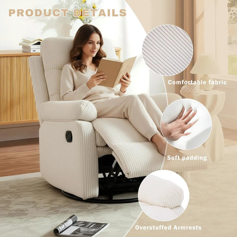 Woman reading on Rocking Recliner Chair With 360 Degree Swivel Glider And Manual Recline, Corduroy Fabric Upholstery, Cozy Beige