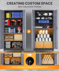 Heavy Duty Rolling Metal Garage Cabinet With Lock, Tall Tool Cabinet On Wheels, 2 Doors And 4 Shelves, Built To Last For Workshop, Garage Or Home Office, Sturdy Black Gray 75 Inch Height, open showing custom space with adjustable shelves.