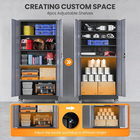 Heavy Duty Rolling Metal Garage Cabinet With Lock, Tall Tool Cabinet On Wheels, 2 Doors And 4 Shelves, Built To Last For Workshop, Garage Or Home Office, Sturdy Black Gray 75 Inch Height, open showing custom space with adjustable shelves.