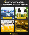 Desktop automation equipment for medicine, cosmetic, food factories, and wineries with labeled images and Mooashan branding.