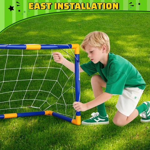 Child setting up Mini Soccer Goal Set With Three Balls And Pump For Kids, Portable Backyard And Indoor Outdoor Soccer Training Gear