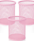 3 Pack Mesh Metal Pen Holders Set 3.5x3.8in Desk Organizer Cups in pink, shown empty for office and home use.