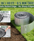 Heavy Duty Galvanized Steel Garden Edging 6 Inch By 40 Feet Rust Resistant Landscape Border coiled on grass with rolled edge detail