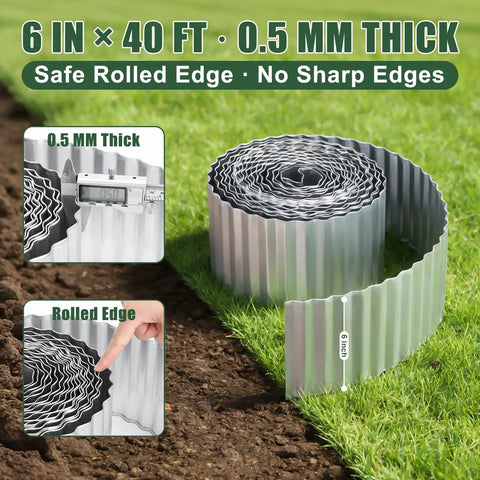 Heavy Duty Galvanized Steel Garden Edging 6 Inch By 40 Feet Rust Resistant Landscape Border coiled on grass with rolled edge detail
