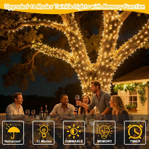 Outdoor gathering with 164 Feet Of 500 LED Fairy Lights With Bendable Silver Copper Wire Firefly String Lights on tree