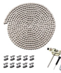 KAMIER 25H roller chain, front view; 10 ft, 480 links, silver metal with chain breaker tool and spare links
