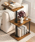C Shaped End Table With 360 Degree Swivel Height Adjustable Sofa Side Table With Storage Open Shelf 3 Tier Night Stand TV Tray For Small Spaces Rustic Brown Living Room Bedroom beside sofa with books