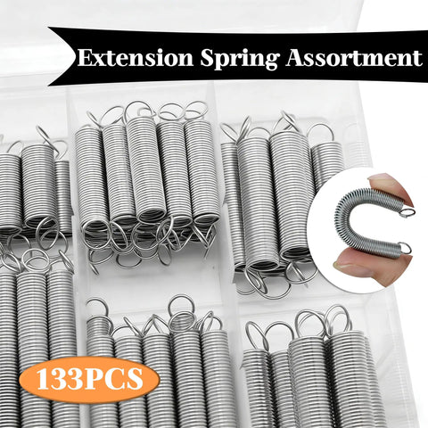 Big 133-Piece Zinc Extension Spring Assortment Box With 18 Sweet Sizes For Home Fixins, Auto Tuning, And All Your Tough DIY Hacks To Keep Things Running Smooth. 133 pcs in organizer box