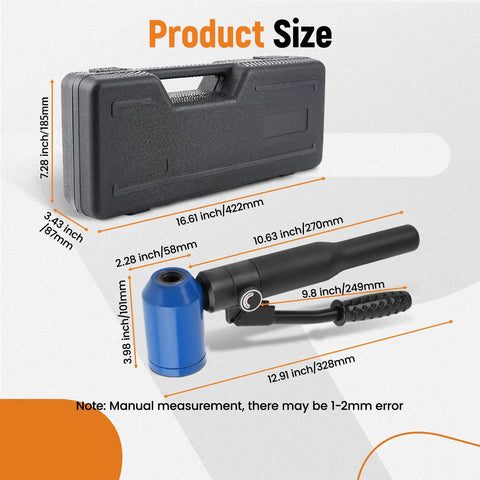 Heavy Duty Hydraulic Knockout Punch Kit with carry case and dimensions