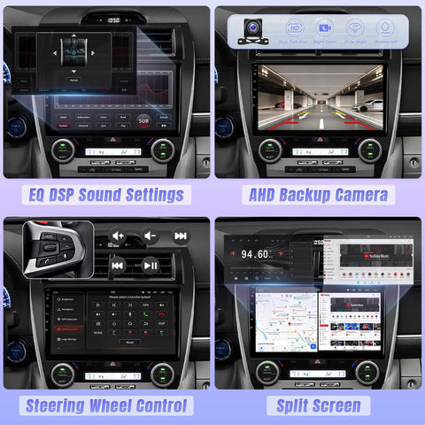 10 Inch Touch Screen Car Stereo for Toyota Camry 2012 2013 2014 with various feature displays on screen including backup camera