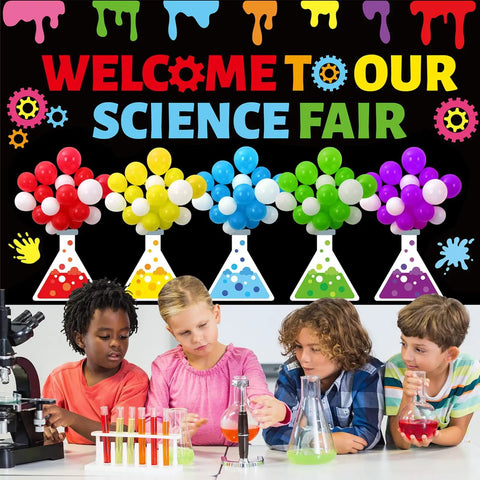 Totally Kid Friendly Fair Themed Bulletin Board Kit With 3D Balloons And Welcome Sign Chemistry Flask Cutouts in classroom