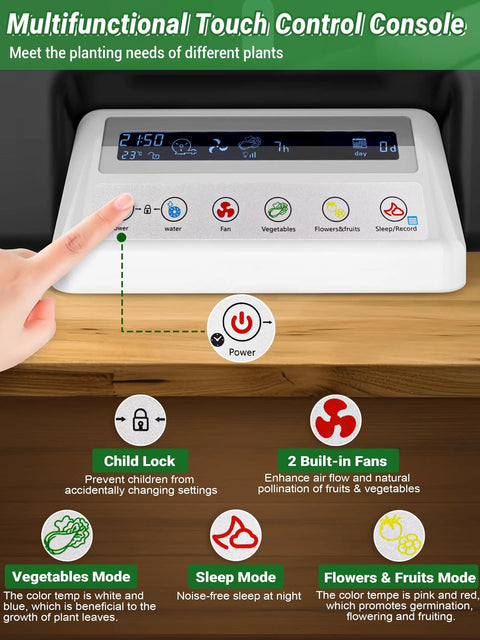 Multifunctional touch control console on 17 Pod Hydroponics Growing System Kit With 102 28W Full Spectrum Grow Lights Two Fans Auto Timer Water Pump 10L Tank Height Adjustable Indoor Garden In Black And White Dope Setup.