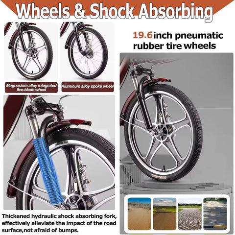 Close-up of Three Wheel Pedal Tricycle Cruiser For Seniors And Adults with pneumatic tire, hydraulic fork, and dual brakes.
