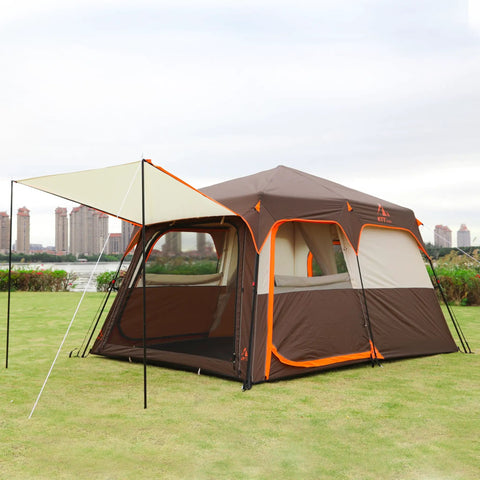 Brown Large Family Tent For 6-8 People With Instant Setup In 60 Seconds, Spacious Two Rooms, Three Doors, Mesh Panels, Outdoor Use.