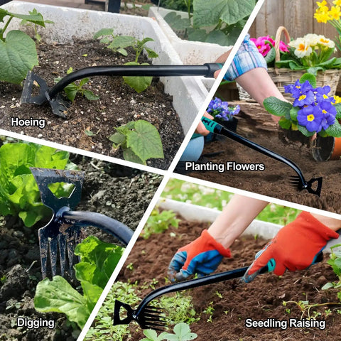 Two Pack Weed Puller Tool With Six Teeth Manganese Steel Garden Hand Weeder Durable Root Uprooting Tool For Lawn And Garden Easy Dig And Pull No Sweat Includes Rubber Gloves, shown hoeing and digging