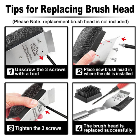 Steps showing how to replace the head of Bristle Free Grill Brush for outdoor grills no wire bristles safe clean