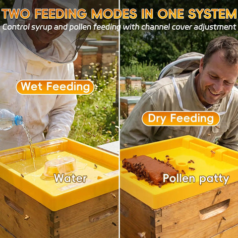 Two Pack 10 Frame Beehive Top Feeder For Langstroth Hives, wet and dry feeding demonstration with beekeepers.