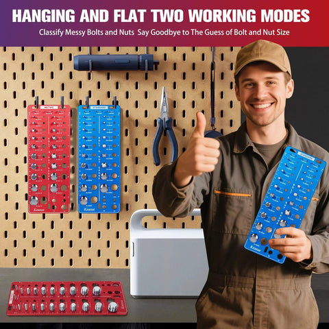 56-piece thread checker gauge set for standard and metric nuts and bolts, blue panels, held by smiling man