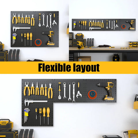 Heavy Duty Metal Pegboard Panels 4 Pack With 50 Hooks Black Wall Organizer for flexible tool storage layout in garage