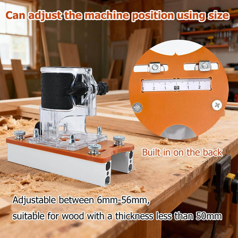 Pro Grade 2-In-1 Router Jig For Slotting And Positioning on workbench, heavy-duty aluminum, adjustable bracket visible