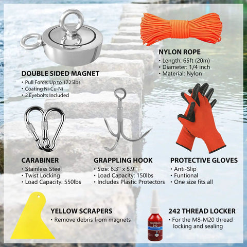 1725 Lbs Beast Mode Pulling Power Fishing Magnet Kit With Double Sided Retrieval Magnet And Rope For Retrieving Lost Items From Rivers Lakes Beaches And Lawns 3.7 Inch Diameter