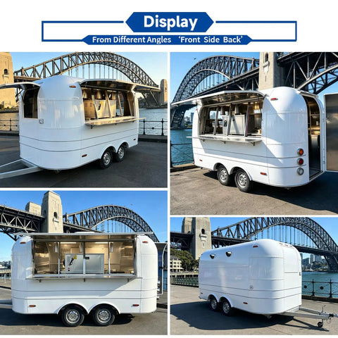 Ready To Roll 13 Foot Vintage Food Trailer With Fully Equipped Mobile Catering Kitchen And Slick White Exterior For Serious Commercial Food Truck Hustles, displayed from different angles.