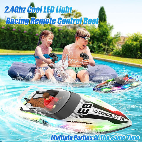 Children playing with RC Boat With LED Lights, Self Righting, Waterproof Remote Controlled Watercraft For Pools, Lakes, And Baths.