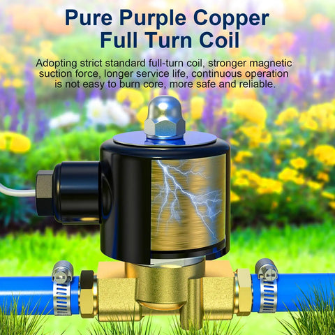 Brass 3/8 Inch NPT Electric Solenoid Valve Normally Closed DC 220V 2W040-10 installed in garden with purple coil