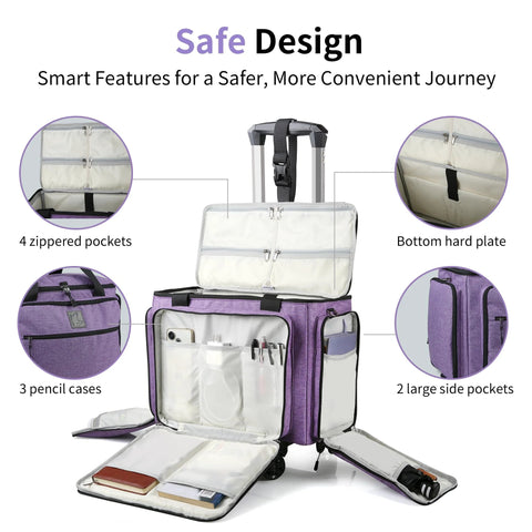 Lilac Rolling Teacher Bag With Five 360 Degree Swivel Wheels And Detachable Trolley open showing compartments and pockets