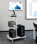 Heavy Duty White Rolling Mobile Workstation Cart With Smooth Gas Spring Height Adjustment For Sit Stand Daily Grind featuring monitor and CPU.
