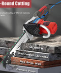 Heavy Duty Electric Concrete Saw Wall Groove Cutter With Dual Diamond Chains And Built In Water Pump 360 Degree Masonry Routing Low Vib 6000 Rpm Motor Cuts Like Butter showing cutting through different materials including granite and reinforced concrete.