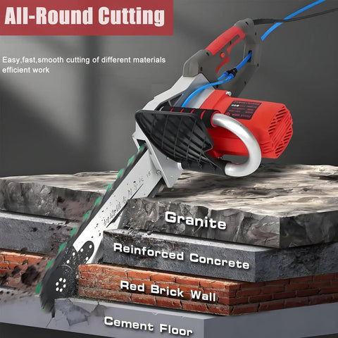 Heavy Duty Electric Concrete Saw Wall Groove Cutter With Dual Diamond Chains And Built In Water Pump 360 Degree Masonry Routing Low Vib 6000 Rpm Motor Cuts Like Butter showing cutting through different materials including granite and reinforced concrete.