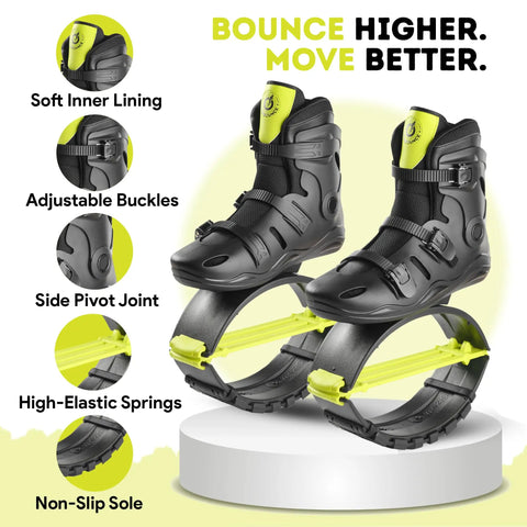 Adult Jumping Shoes For Fitness And Fun Kangaroo Jump Boots with adjustable bounce, green, soft lining, secure buckles, non-slip sole.