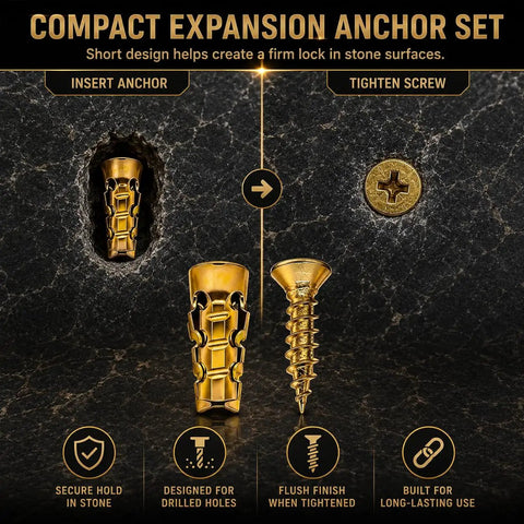 Compact Expansion Anchor Set showing golden expansion anchor and screw designed for secure hold in stone surfaces