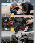 Heavy Duty 12V Portable Tire Inflator And Air Compressor Pump Hella Quick 150 Psi connecting to a car tire using a cigarette lighter.