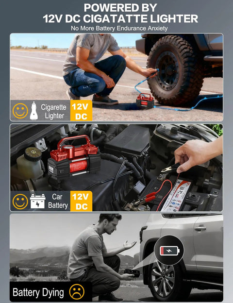 Heavy Duty 12V Portable Tire Inflator And Air Compressor Pump Hella Quick 150 Psi connecting to a car tire using a cigarette lighter.