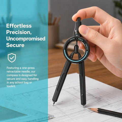 Digital Radius Compass Draw Tool With 0.5mm Lead For Precise Circles Drafting And Geometry No Slip Grip in hand on desk