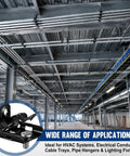 Bulk 50 Piece Workhorse Heavy Duty Hammer On Flange Clips With Threaded Stud For One Eighth To One Quarter Inch Flange Beam Clamp With Hole Cable Clip In Spring Steel Black E Coat Finish on ceiling beams