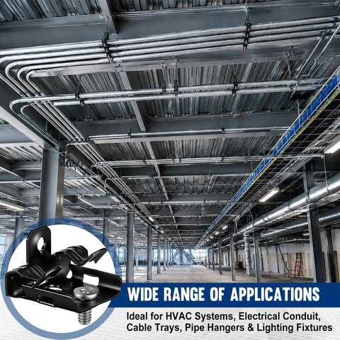 Bulk 50 Piece Workhorse Heavy Duty Hammer On Flange Clips With Threaded Stud For One Eighth To One Quarter Inch Flange Beam Clamp With Hole Cable Clip In Spring Steel Black E Coat Finish on ceiling beams