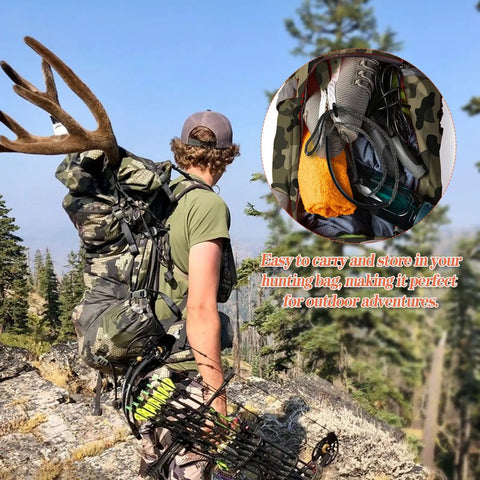Hunter with backpack carrying deer antlers, featuring Climbing Stick Aider For Hunting And Tree Stand Safety Hand Braided Lightweight Rope Ladder Gear Single Step Aider With High Strength Polyethylene Fiber 800 Lb Capacity Durable Outdoor Gear Four Pack.