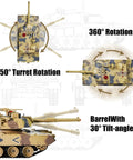 Top view of 1/24 Scale RC Tank With Smoke Lights And Sounds Remote Control Battle Vehicle, showing turret and barrel rotation.
