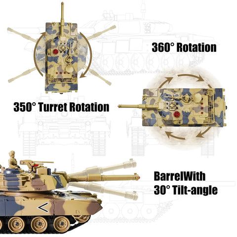 Top view of 1/24 Scale RC Tank With Smoke Lights And Sounds Remote Control Battle Vehicle, showing turret and barrel rotation.