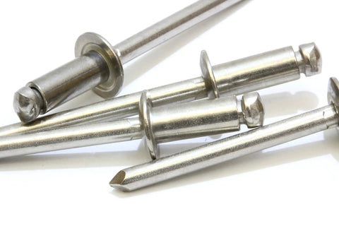 Size Forty Four Button Head Blind Rivets One Eighth Inch Diameter Three Sixteenths To Quarter Inch Grip Range Three Oh Four Stainless Steel Marine Grade Heavy Duty Fasteners Pops Tight Holds Strong For Rugged Outdoor Builds 100 Piece Pack laid out on a white background.