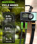 Image of a Four Zone Sprinkler Timer With Four Outlets For Automatic Lawn Watering, showing digital display and hoses connected.