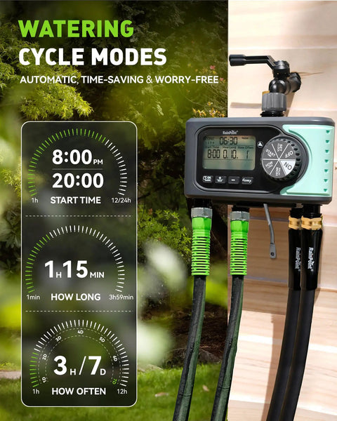 Image of a Four Zone Sprinkler Timer With Four Outlets For Automatic Lawn Watering, showing digital display and hoses connected.