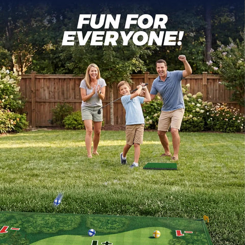 Family enjoying Chipping Golf Practice Mat Set for Indoor Outdoor Fun, Family Friendly Backyard Game with 20 Sticky Balls