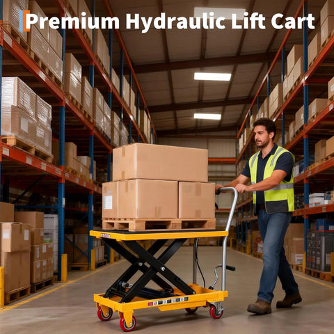 Premium hydraulic lift cart with yellow platform and black scissor lift carrying cardboard boxes.