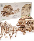 Wooden Stagecoach 3D Puzzle Construction Kit With Self Moving Gears Openable Cabin Doors And Detailed Mechanical Fun For Builders Of All Ages Perfect STEM Toy For Curious Kiddos And Grownups Who Love Hands On Gear Puzzles, wooden stagecoach model and box